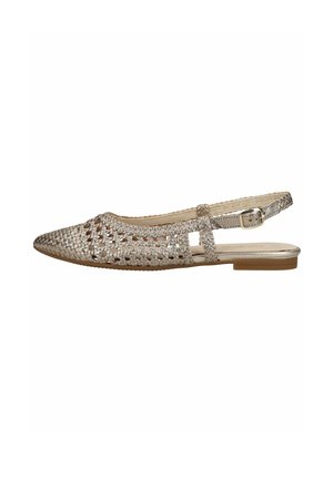 Chaussure plate en cuir tissé métallisé avec bout pointu, côtés ouverts et bride de cheville réglable avec boucle.
