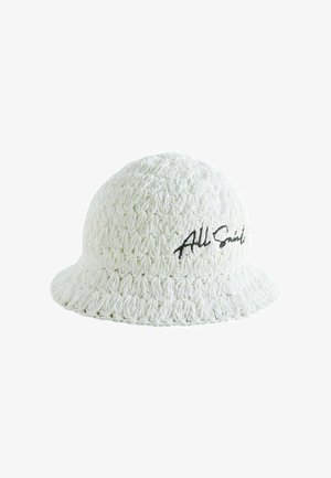 Sombrero tipo bucket blanco de crochet con ala ancha y bordado negro "AllSaints" en el lateral.