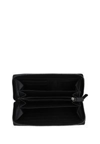 Black wallet with zip closure, featuring multiple compartments, card slots, and a smooth, textured interior. Lightweight and functional design.
