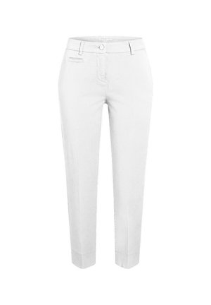 Witte, op maat gemaakte broek met een smalle pasvorm, voorzien van een knoopsluiting, zijzakken en een gladde stoftextuur.