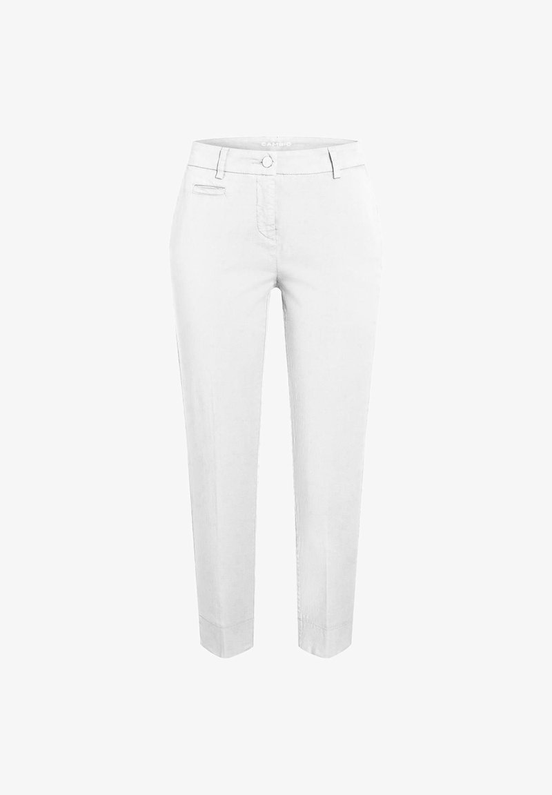 Pantalon blanc sur mesure à coupe slim, doté d'une fermeture à bouton, de poches latérales et d'une texture de tissu lisse.