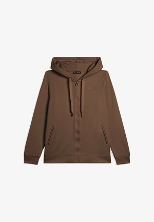 Felpa marrone con zip, cappuccio regolabile e tasche frontali, con dettaglio del logo. Realizzata in materiale morbido con una texture liscia.