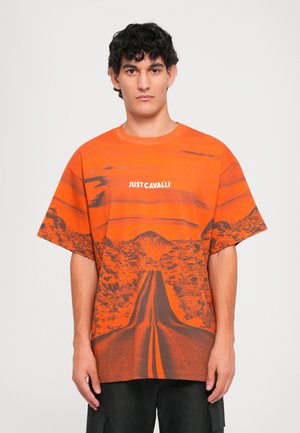 Oranje t-shirt met een landschap graphic van een weg en bergen. Van katoen, relaxed fit, ronde hals, korte mouwen.