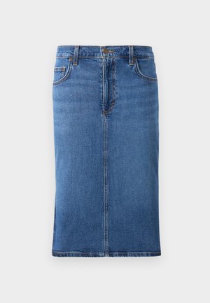Jeansrok in middelblauw, knie-lengte met een rechte snit. Bevat vijf zakken, riemlussen en oranje stikseldetails langs de naden.