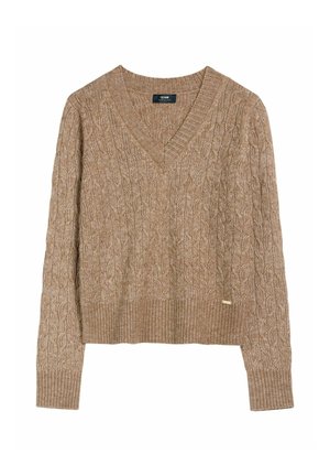 Beżowy sweter w splot kablowy z dekoltem w kształcie litery V, ściągaczem na dolnym brzegu i długimi rękawami. Posiada subtelną fakturę oraz mały akcent z logo po boku.