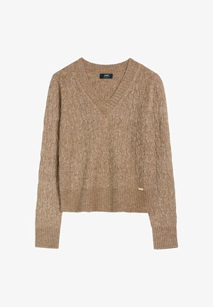 Beżowy sweter w splot kablowy z dekoltem w kształcie litery V, ściągaczem na dolnym brzegu i długimi rękawami. Posiada subtelną fakturę oraz mały akcent z logo po boku.