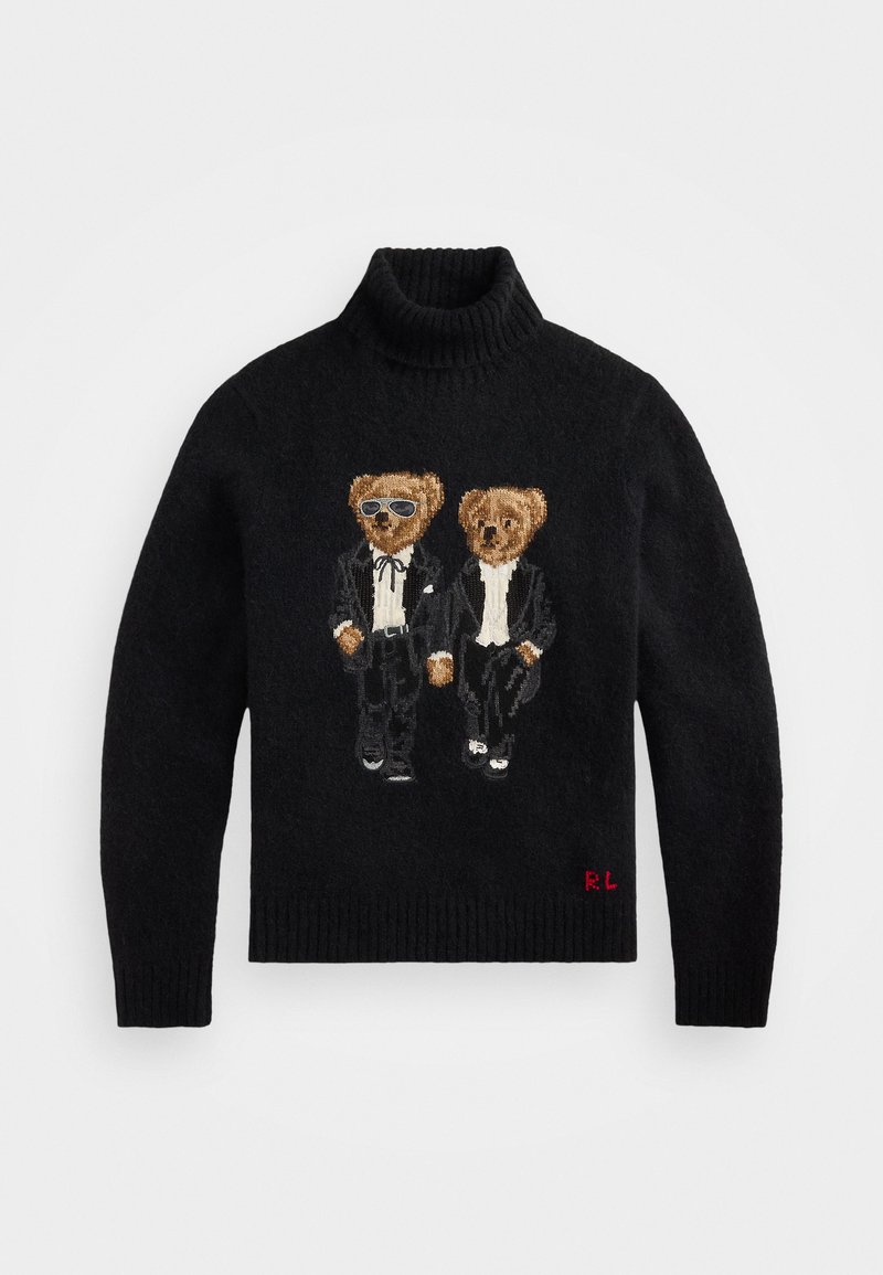 Pull en tricot noir avec col roulé, orné de deux ours brodés en costumes. Les accents incluent des lunettes de soleil et un logo rouge "R.L.".