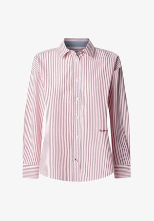 Camisa de manga larga a rayas rojas y blancas con cuello abotonado, placket frontal y bordado en la parte inferior delantera. Fabricada en tejido ligero.