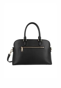 Borsa a tracolla in pelle nera con doppi manici superiori, accessori in metallo dorato, tasca frontale con zip e forma rettangolare strutturata. Texture liscia.