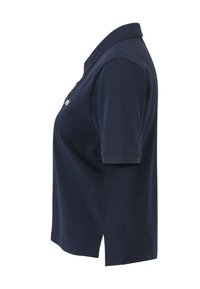 Marineblauwe polo shirt van textiel met structuur, voorzien van een kraag, korte mouwen en zijsplits voor meer bewegingsvrijheid.