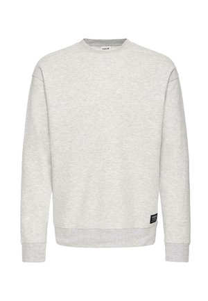 Lichtgrijze crewneck sweatshirt met lange mouwen, ribgebreide manchetten en zoom, en een klein zwart merkje aan de rechter onderkant.