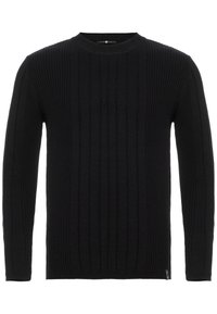 Schwarzer gerippter Strickpullover mit langen Ärmeln und rundem Ausschnitt. Verfügt über ein strukturiertes Muster und ein dezentes Markendetail am Saum.