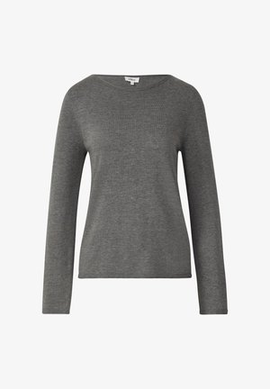 Siva majica dugih rukava izrađena od mekog, pletenog materijala s širokim izrezom i jednostavnim rubom. Ima opušteni kroj i glatku teksturu.