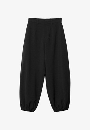 Svarta byxor med avslappnad passform och slät textur, elastiska muddar och midjeband; med sidofickor och en strömlinjeformad design.