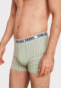 Gröna randiga kalsonger med elastisk midja som har texten "CHELSEA PEERS". Mjuk tyg, åtsittande design och längd till mitten av låret.