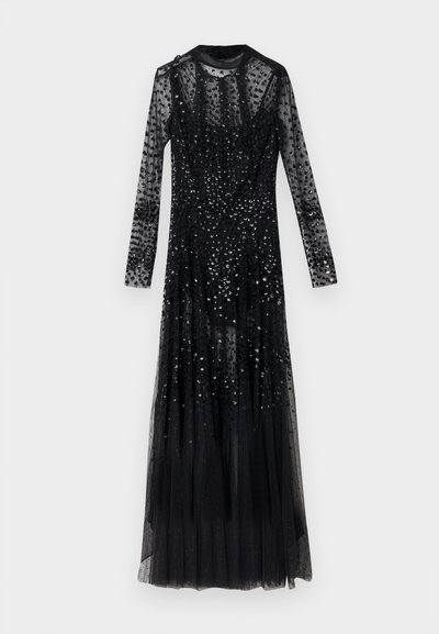 Black long-sleeve dress made of sheer fabric, embellished with sequins, featuring a fitted bodice and a flowing skirt. No visible fastenings.