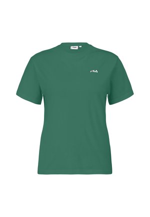 T-shirt in cotone verde con maniche corte e scollatura a girocollo. Presenta un piccolo logo bianco e rosso sulla parte sinistra del petto.