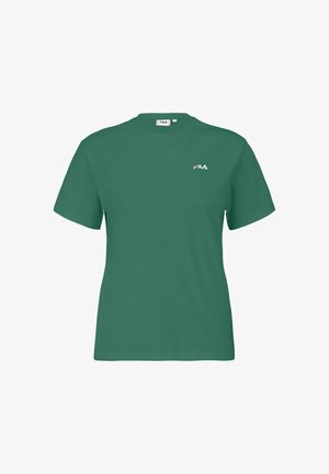 Grünes Baumwoll-T-Shirt mit kurzen Ärmeln und Rundhalsausschnitt. Verfügt über ein kleines weißes und rotes Logo im Bereich der linken Brust.