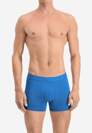 Blaue Boxershorts aus dehnbarem Stoff. Sie zeichnen sich durch eine glatte Textur, einen elastischen Bund mit Logo und ein figurbetontes Design aus.