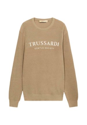 Maglione beige a coste con maniche lunghe e collo rotondo. Presenta la scritta "TRUSSARDI GENTLE SOCIETY" stampata in bianco sul petto. Tessuto morbido.