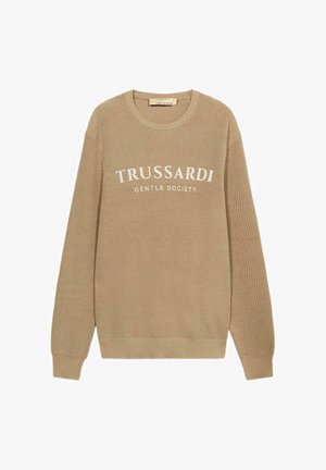 Maglione beige a coste con maniche lunghe e collo rotondo. Presenta la scritta "TRUSSARDI GENTLE SOCIETY" stampata in bianco sul petto. Tessuto morbido.