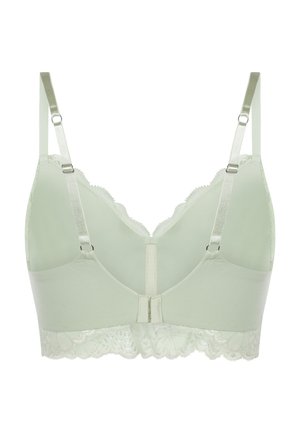 Lichtgroene kanten beha met verstelbare bandjes, haak- en oogsluiting aan de achterkant, en een geschulpte kanten rand langs de onderkant.