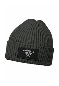 Dark gray ribbed knit beanie with cuffed edge featuring a black patch labeled "valhalla" and crossed axes logo.