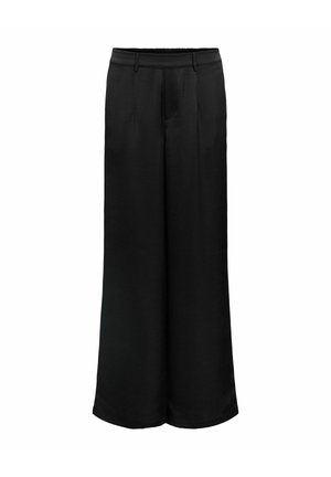Pantalons larges taille haute noirs à texture lisse, avec passants de ceinture et plis avant discrets.