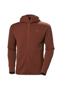 Sudadera con cremallera marrón, de tejido texturizado, diseño ajustado, bolsillos laterales con cremallera y capucha. Presenta un logo en la zona del pecho.