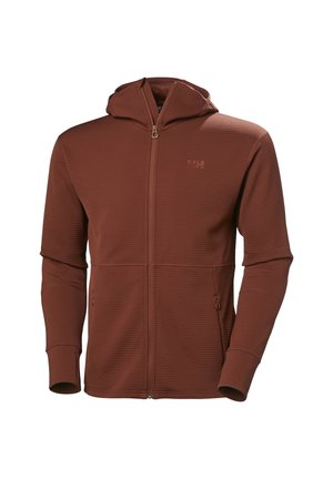 Sudadera con cremallera marrón, de tejido texturizado, diseño ajustado, bolsillos laterales con cremallera y capucha. Presenta un logo en la zona del pecho.