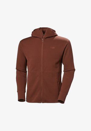 Hnědá mikina se zipem vyrobená z texturované látky, přiléhavý střih, boční kapsy na zip a kapuce. Na hrudi se nachází logo.