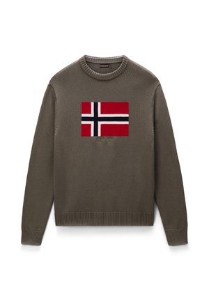Maglione verde lavorato a maglia con un design della bandiera norvegese in rosso, bianco e blu, con polsini e orlo a coste.