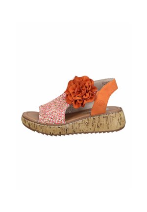 Open-toe wedge sandal with cork sole, orange leather strap, multicolor woven front, and large orange fabric flower decoration.