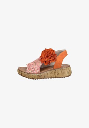 Open-toe wedge sandal with cork sole, orange leather strap, multicolor woven front, and large orange fabric flower decoration.