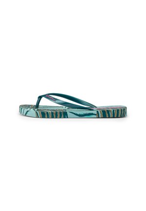 Flip-flop sandal with teal straps and a patterned sole featuring blue, brown, and turquoise tropical leaf designs.