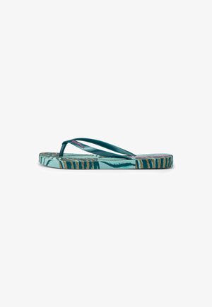 Flip-flop sandal with teal straps and a patterned sole featuring blue, brown, and turquoise tropical leaf designs.