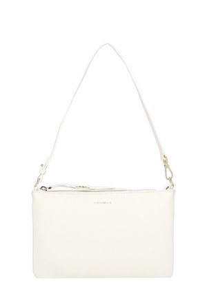 Borsa a tracolla in pelle bianca con parti metalliche dorate e chiusura con cerniera, con tracolla regolabile e logo discreto del marchio sul davanti.