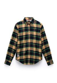 Groene, gele en marineblauwe geruite button-up shirt. Lange mouwen, standaard kraag en een stoffen label aan de linkerkant nabij de zoom. Katoenen materiaal.