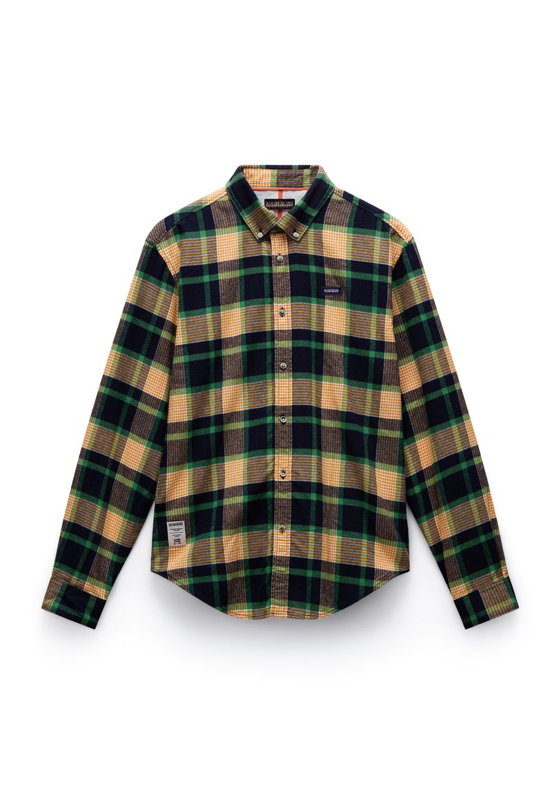 Chemise à carreaux verte, jaune et marine. Manches longues, col standard et étiquette en tissu sur le côté gauche près de l'ourlet. Matériau en coton.