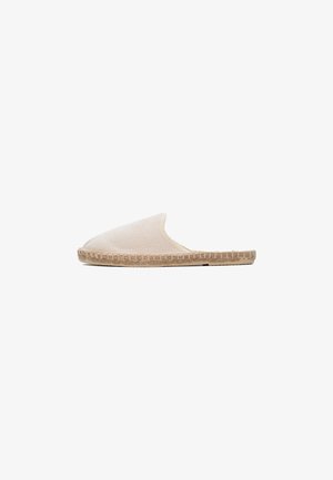 Espadrillas beige in tessuto con suola in juta intrecciata, tacco basso e apertura sul retro, ideali per un uso casual sia in casa che all'aperto.