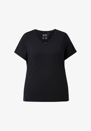 Zwart sport T-shirt met korte mouwen en V-hals, gemaakt van ademende, sneldrogende stof, ontworpen voor comfort bij actieve kleding.