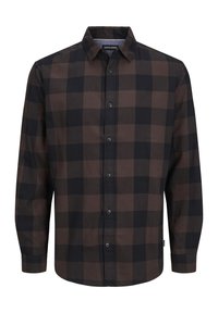 Camicia a quadri marrone e nera in un misto cotone, con chiusura a bottoni sul davanti, maniche lunghe e colletto classico. Texture sottile visibile.