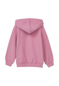 Roze hoodie met een zachte textuur, uitgerust met een trekkoordkap, geplooide mouwen en tailleband, ontworpen voor comfort en gemak bij het dragen.