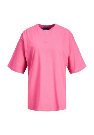 Jasnoróżowy t-shirt z krótkim rękawem, okrągłym dekoltem, luźnym krojem i minimalnymi detalami szwów na białym tle.