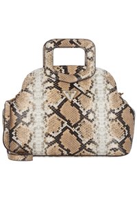 Sac à main structuré avec un motif serpent en tons beige et marron. Comprend une poignée supérieure, une bandoulière détachable et un accent logo.