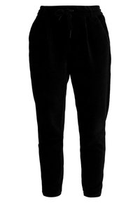 Sorte corduroy joggerbukser med elastisk talje, snoretræk og sidelommer; tapered ben-design med lodret ribbet tekstur.