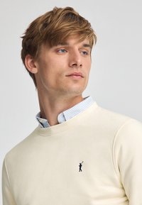 Felpa beige con colletto a coste, con un piccolo logo navy sul petto. Sovrapposta a una camicia a righe blu chiaro con colletto.