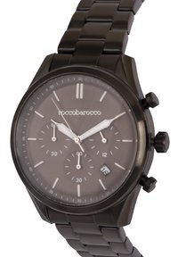 Reloj de pulsera negro con acabado mate, tres sub-diales, marcadores de hora en plata y una pantalla de fecha. La correa tiene un diseño de eslabones.
