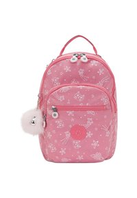 Mochila infantil rosa con patrones de gatos blancos y estrellas, bolsillo frontal con cremallera, cierre de doble cremallera y accesorio de llavero con pompón esponjoso.