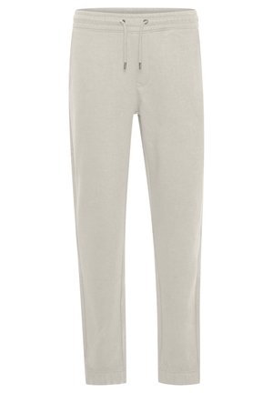 Light gray jogger pants made of soft cotton blend fabric, featuring an elastic waistband with a drawstring, and tapered legs with subtle stitching.